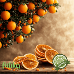 Ayaklı ahsap tabakta sunulan kurutulmuş portakal dilimi.