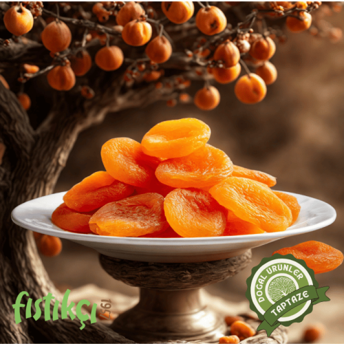 Fıstıkçı 1957 logolu ahşap kasede gün kurusu kayısı.